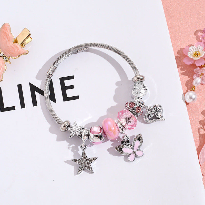 Wholesale Pentagram Butterfly Rhinestone Beaded Stainless Steel Bracelet ACC-BT-QingLian004