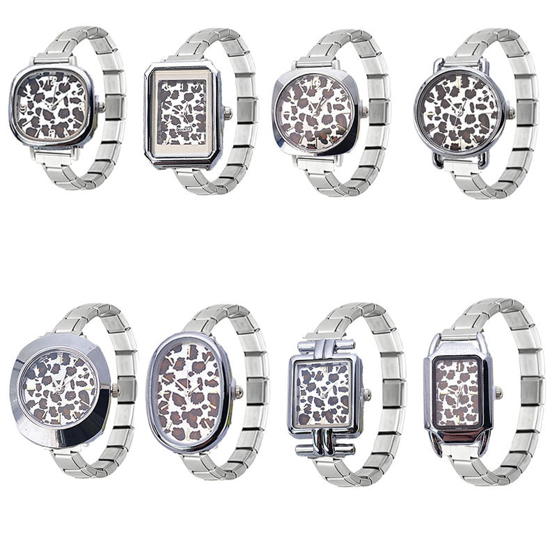 Wholesale Cross-Border Fashion Silver Leopard Print Italian Modular Quartz Watch with Stainless Steel Band,  Unisex DIY Watch Head
