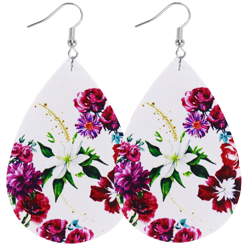 Wholesale flowers oil painting style ladies' teardrop leather earrings