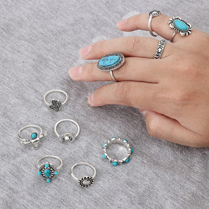 Wholesale Vintage Turquoise Ring Set 10-Piece Cactus Geometric Alloy Jewelry Accessory