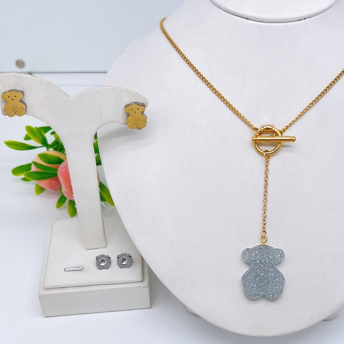 Wholesale Cute Bear Cartoon Stainless Steel Earrings and Necklace Set for Party Wear