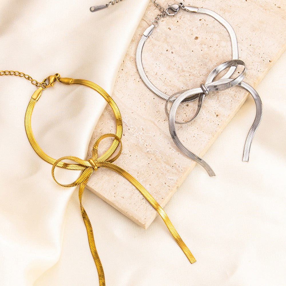 Wholesale 18K Gold Stainless Steel Bow Pearl Necklace Bracelet Set ACC-NE-YuHui009