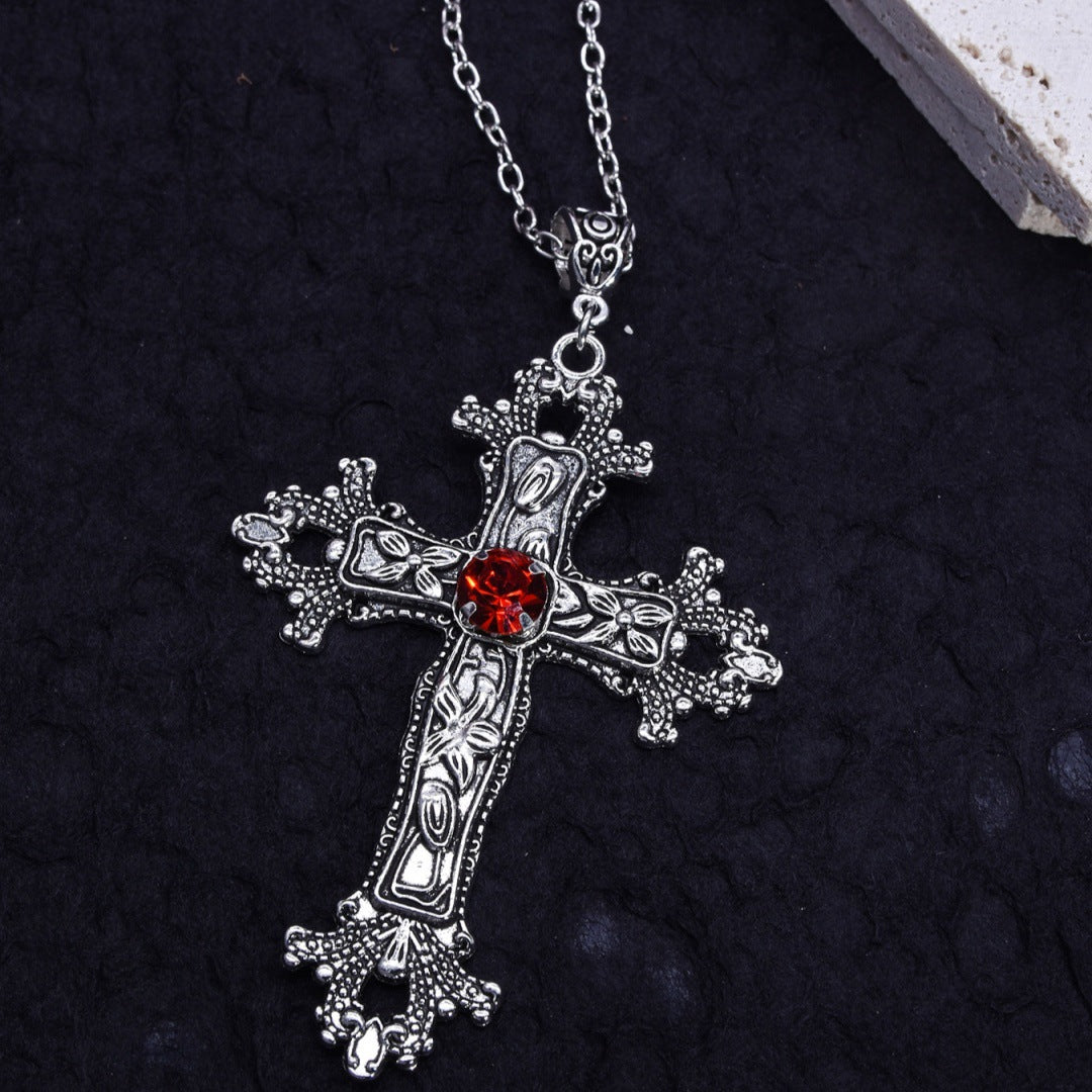 Wholesale  retro gothic punk style inlaid gemstone cross pendant necklace