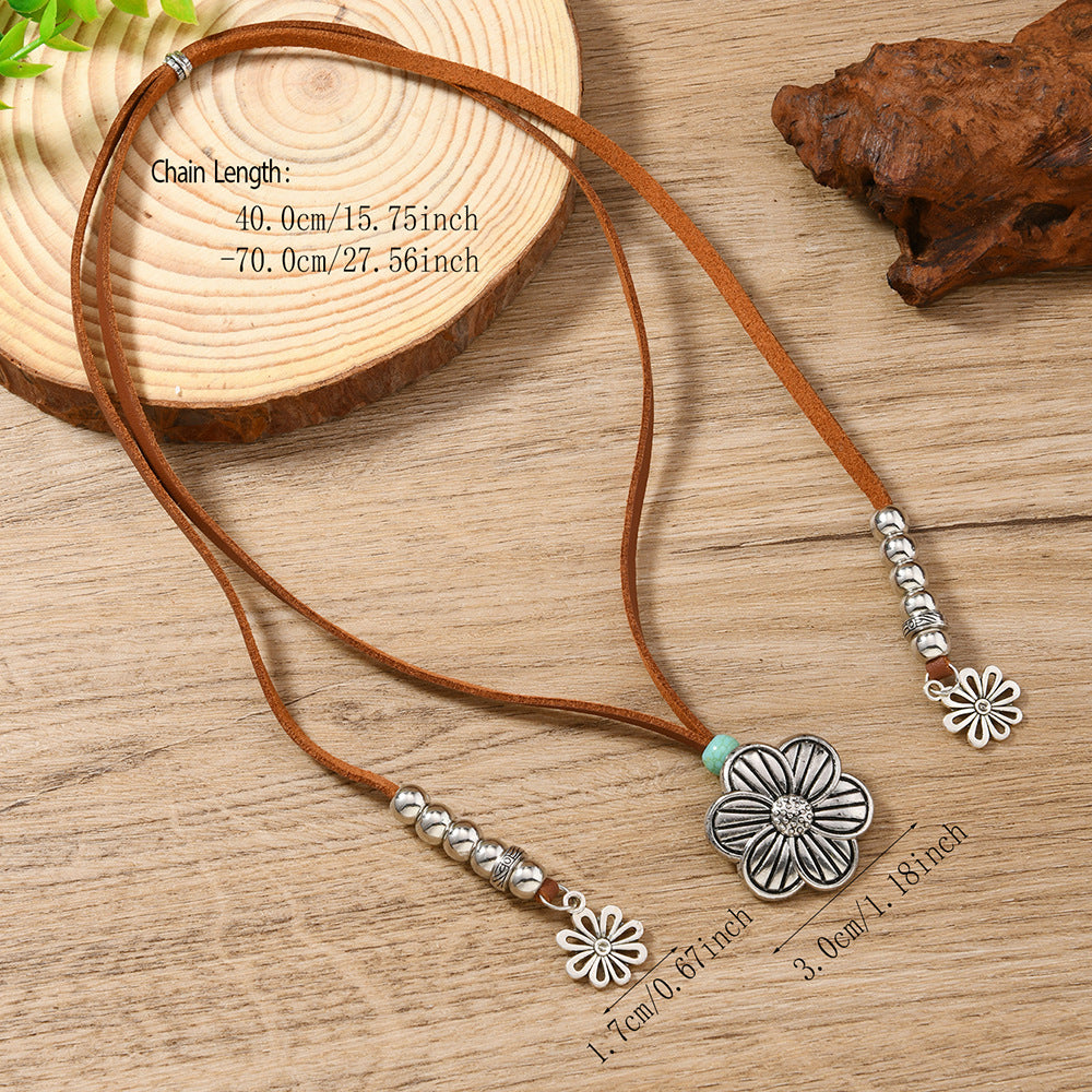 Wholesale PU leather vintage turquoise flower necklace