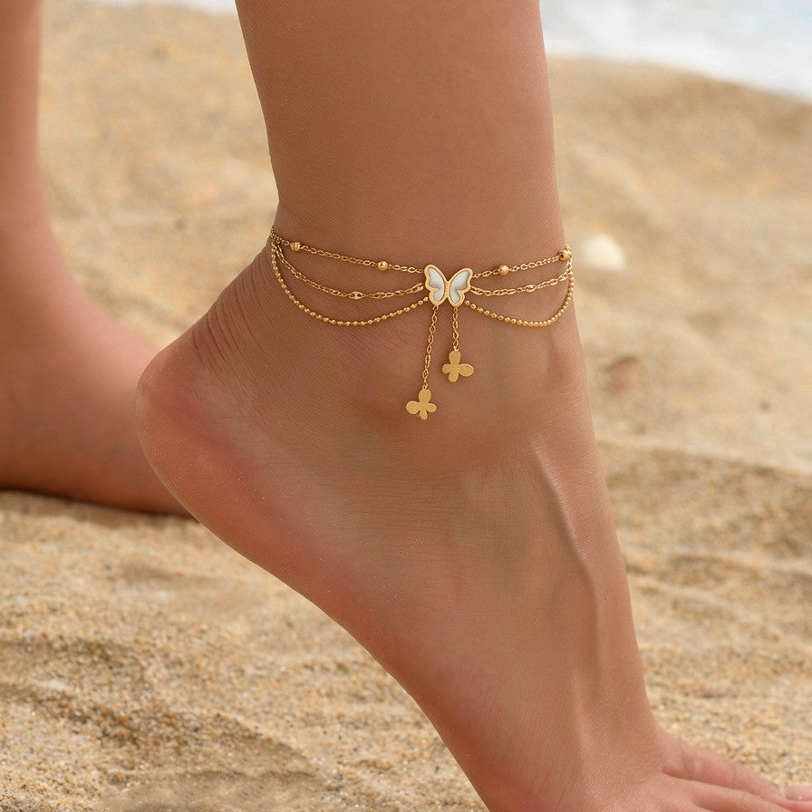 Wholesale Trendy Butterfly Multi Layer Chain Anklet Titanium Steel Beach Vacation Jewelry Accessory