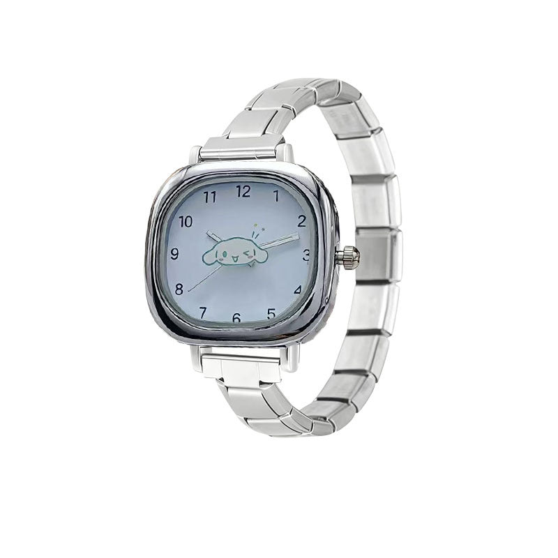 Wholesale Waterproof Square Quartz Watch with Stainless Steel Band and Cartoon Cat Design,  Everyday Fashion Accessory for Students