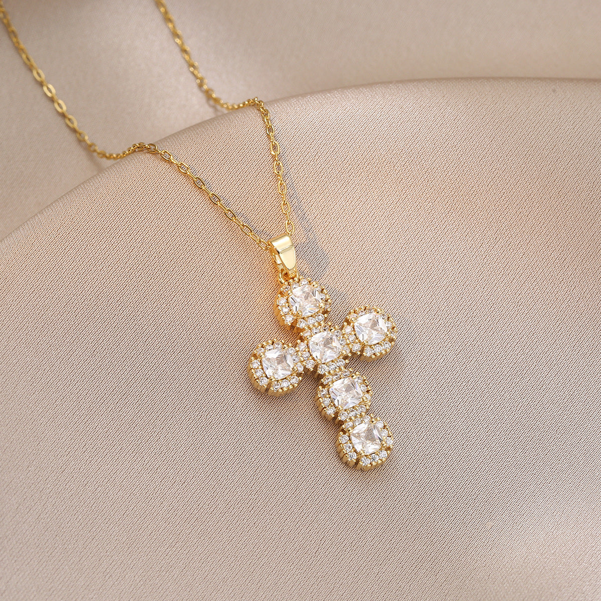 Wholesale Stylish Colorful Zircon Cross Necklace Copper Electroplated Fashion Accessory For Women Party Gift