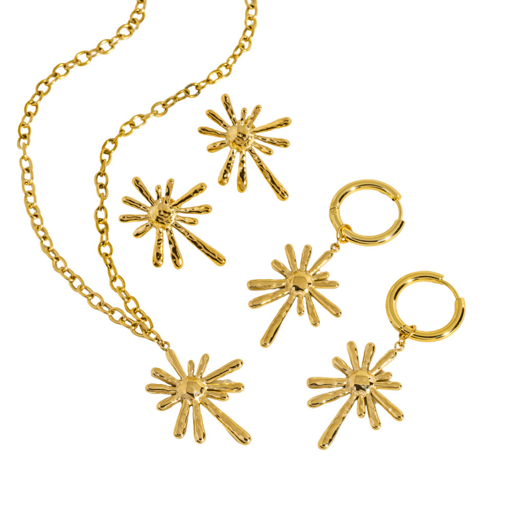 Wholesale Stainless Steel 18K Golden Sun Radial  Exaggerated Personality Necklace Earrings suit