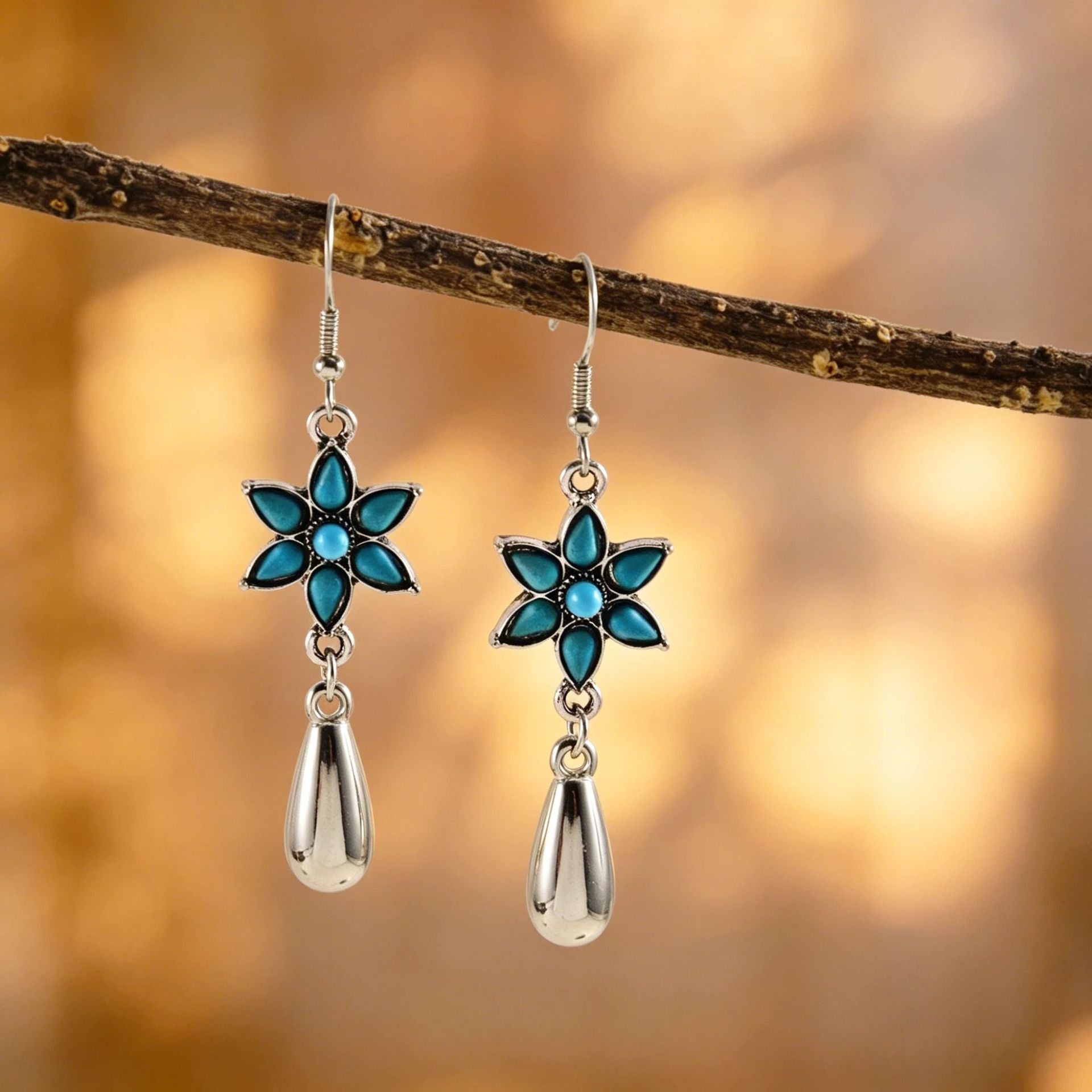 Wholesale Retro Blue Flower Turquoise Earrings Boho Chic Fashion Accessory Boutique Resale Gift