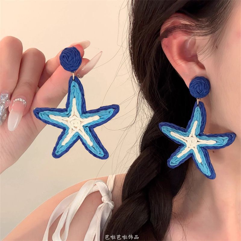 Wholesale Chic Blue Starfish Earrings,  Korean Style Jewelry Accessory for Party Wear or Beach Vacation