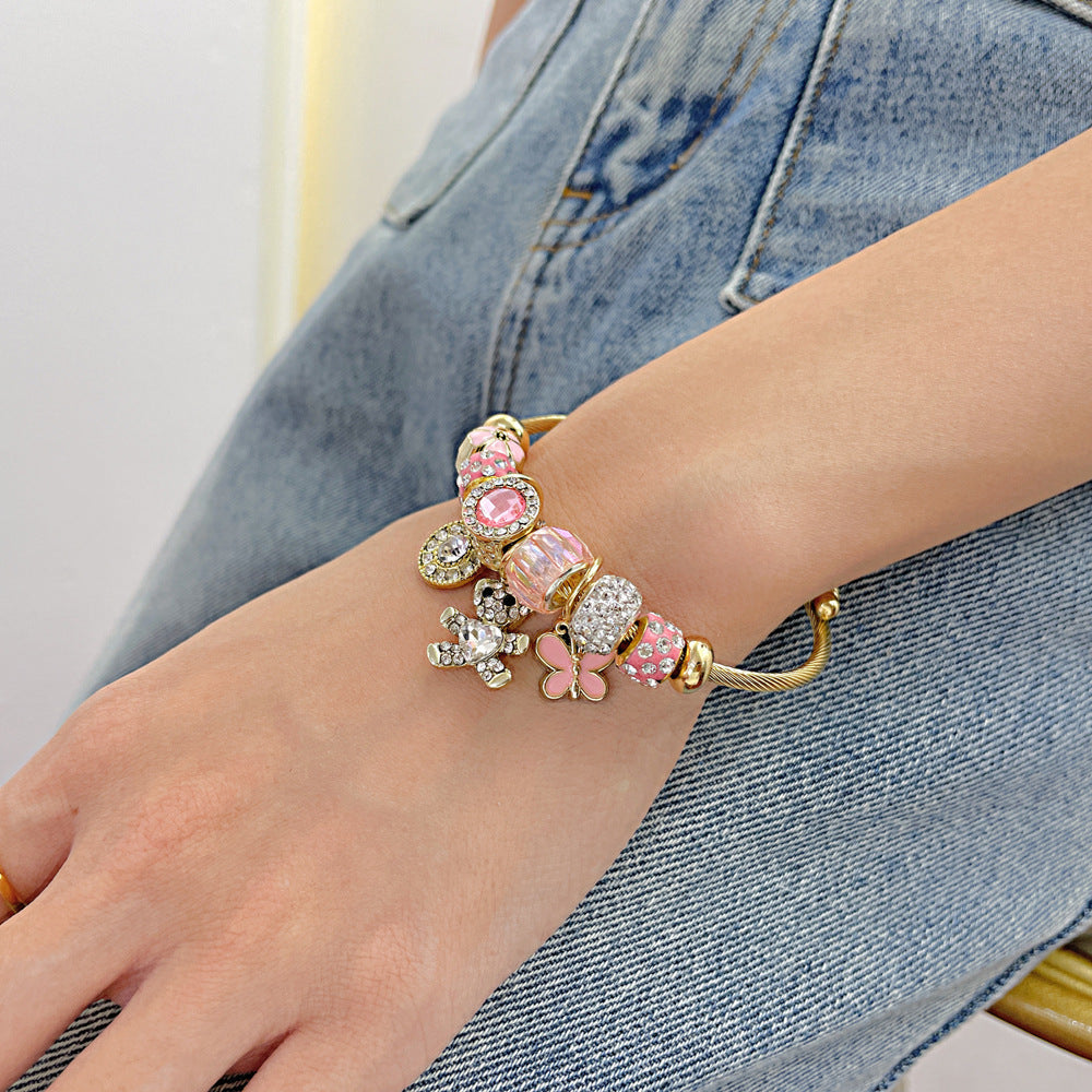 Wholesale  Light Luxury Diamond Love Bear Personalized Stainless Steel Open Wire  Bracelet