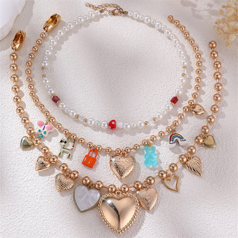 Wholesale multi-layer pearl beaded heart necklace