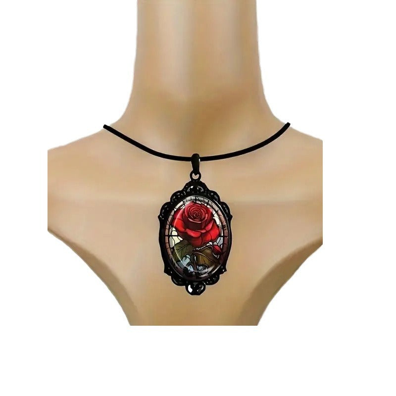 Wholesale Vintage Oval Glass Pendant Necklace with Red in Black Frame - Jewelry Accessory for Resale
