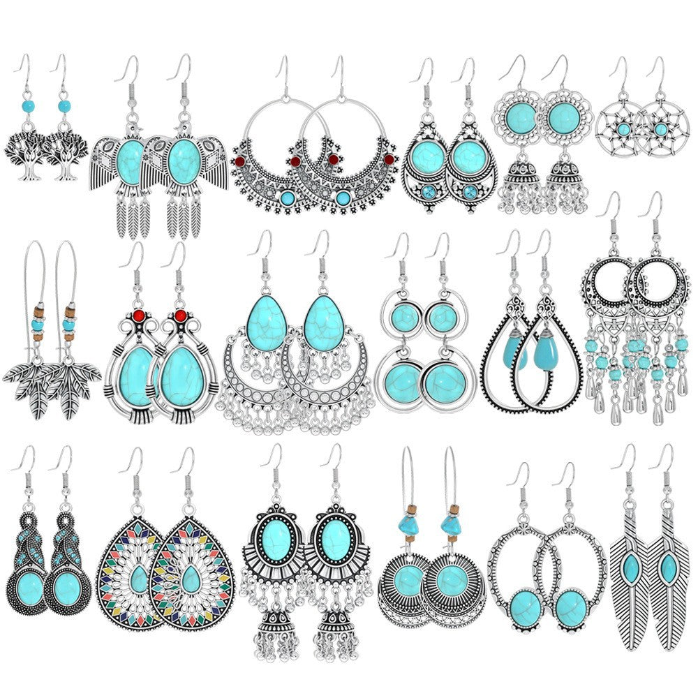 Wholesale Bohemian Geometric Turquoise Metal Earrings Fashion Accessory for Gift