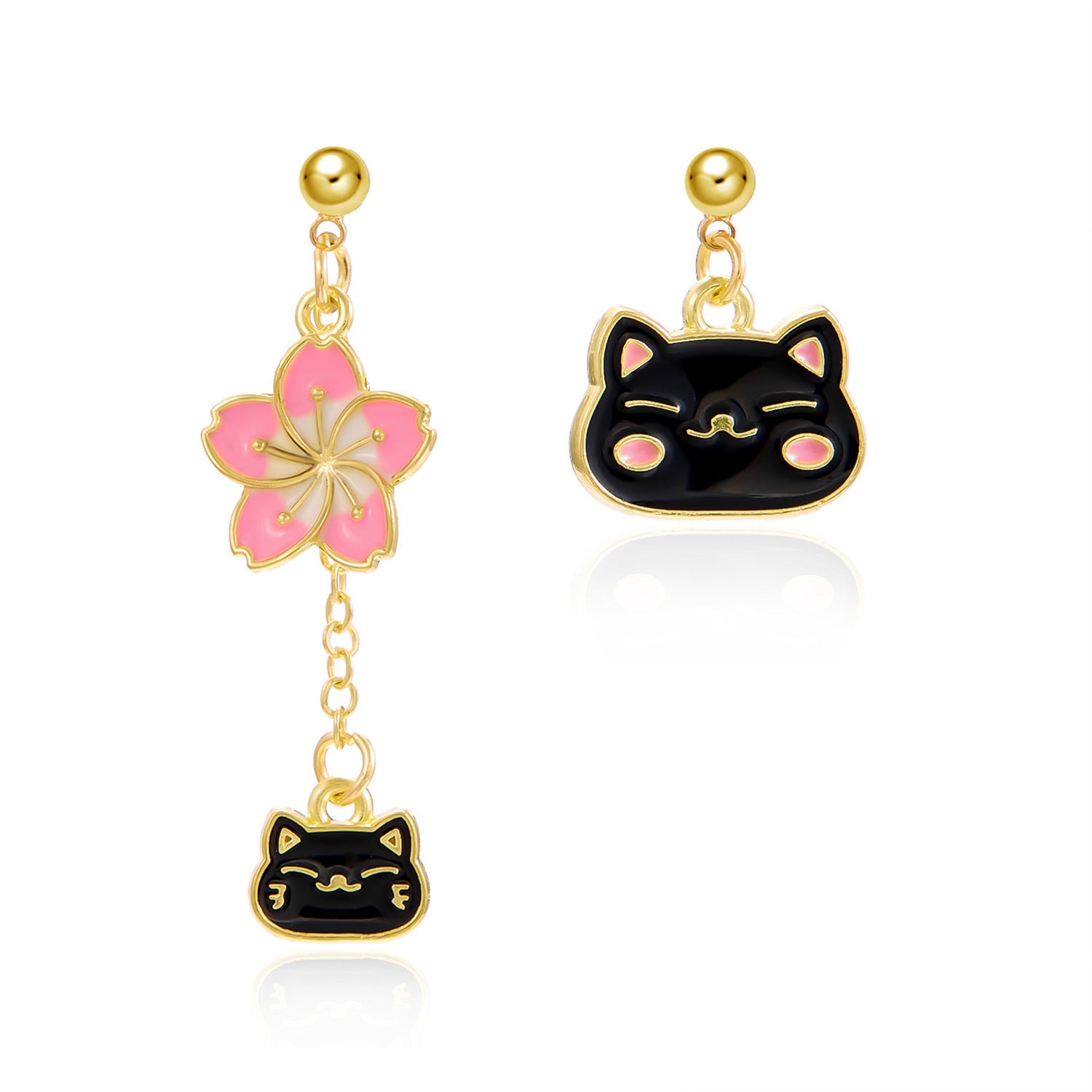 Wholesale Oil-dripped cat flower asymmetrical earrings