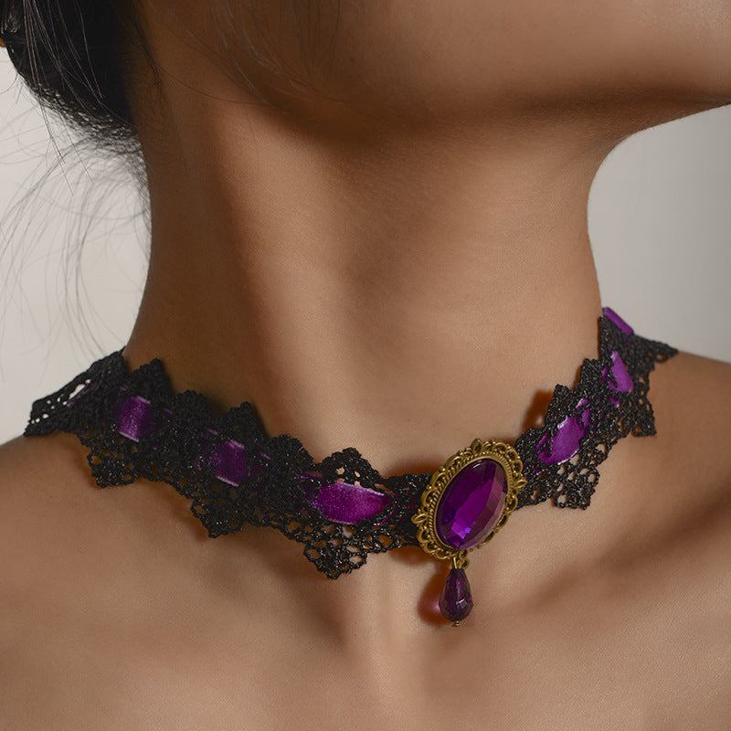 Wholesale retro black lace velvet diamond necklace