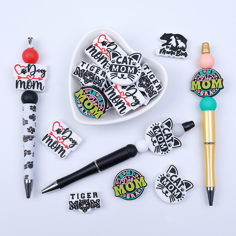 Wholesale 20pcs Cat MOM Silicone Focal Beads DIY Beaded Pen Accessories Mother's Day ACC-BDS-HeXing024