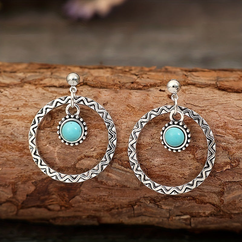 Wholesale retro round hollow inlaid turquoise fashion pendant earrings