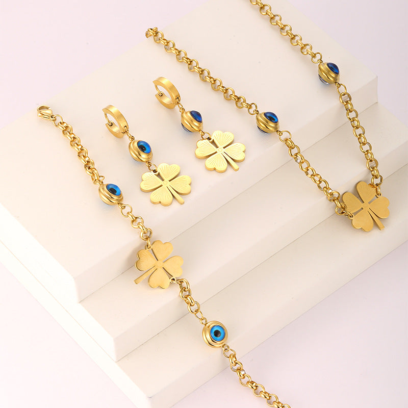 Wholesale Stainless Steel Jewelry Set Evil Eye Four Leaf Clover Necklace Earrings Bracelet ACC-NE-YunHe002