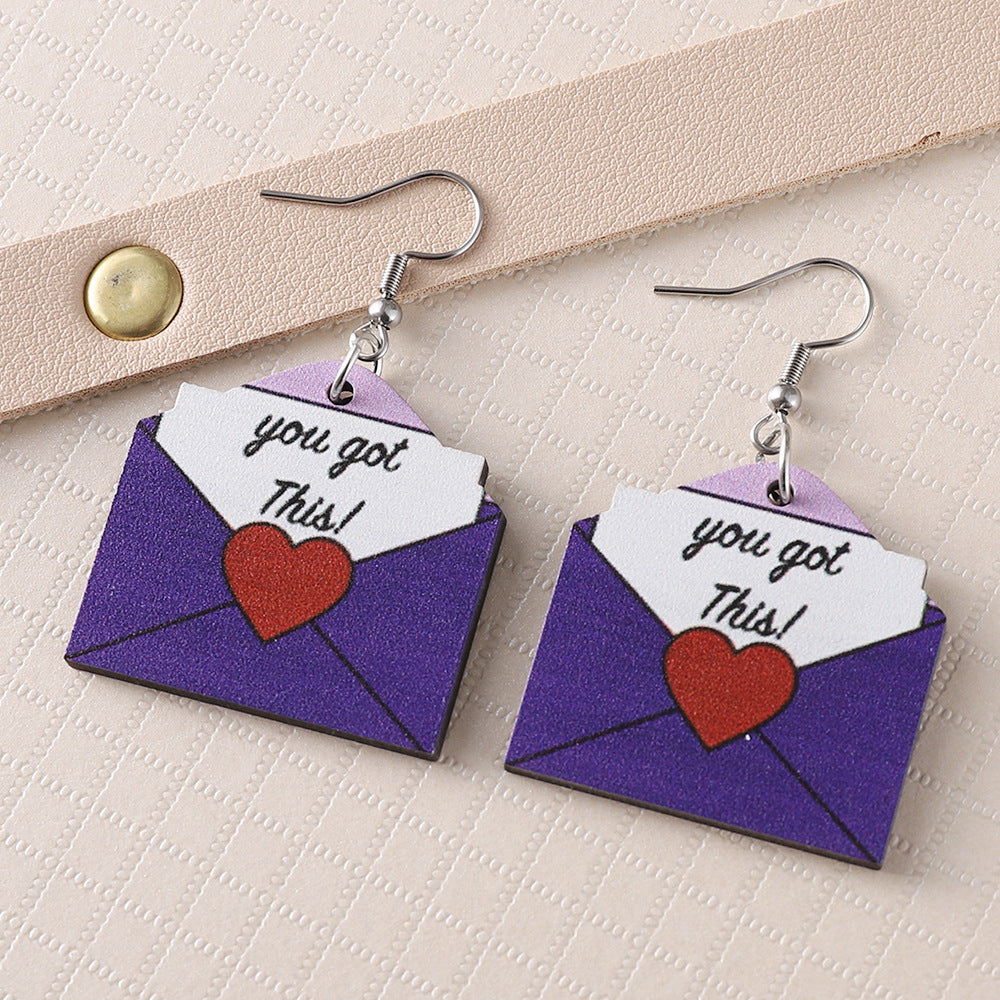 Wholesale Wooden Valentine' s Day Bear and Rose Envelope Earrings