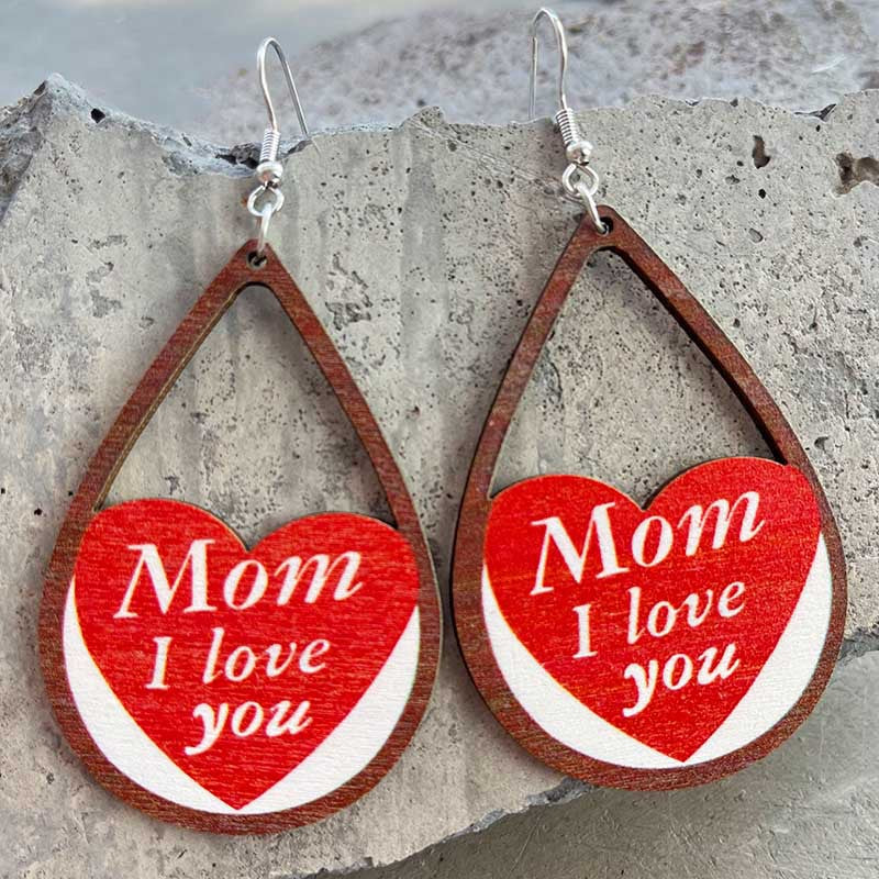 Wholesale 2 Pairs/pack Mother's Day Drop Shape Heart Best MuM Wooden Earrings ACC-ES-HY034