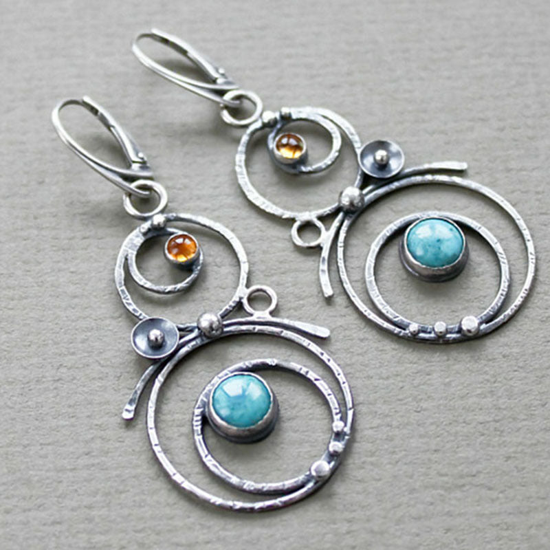 Wholesale Vintage Round Hollow Blue Natural Stone Earrings Silver Metal Geometric Design Fashion Jewelry Accessory