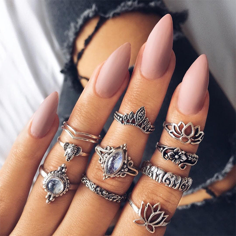 Wholesale 10pcs/set hollow carved large gemstone lotus shape ring combination