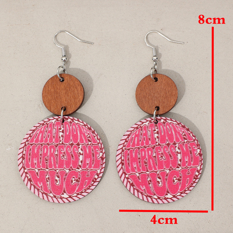Wholesale Western-Style Round Pink Leather Earrings with Letters
