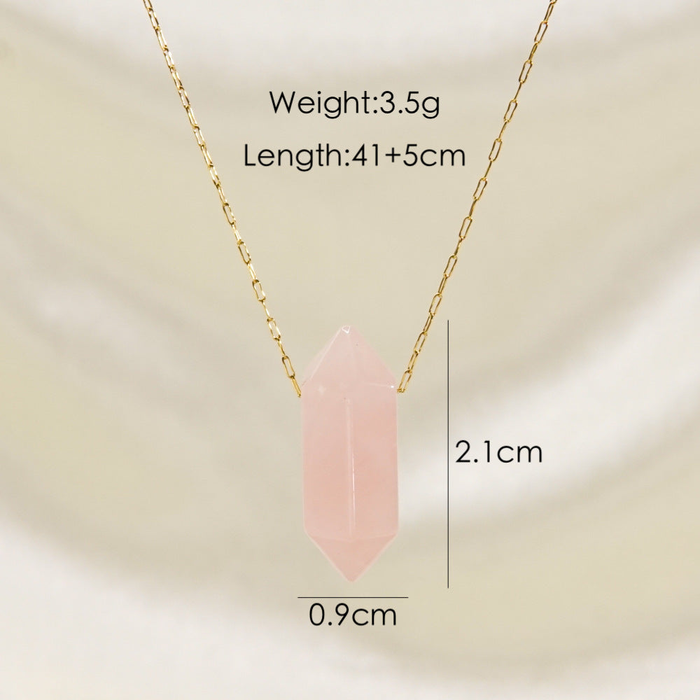 Wholesale Natural Crystal Double-pointed Multi-faceted Hand-polished Hexagonal Prism Pendant Stainless Steel Necklace