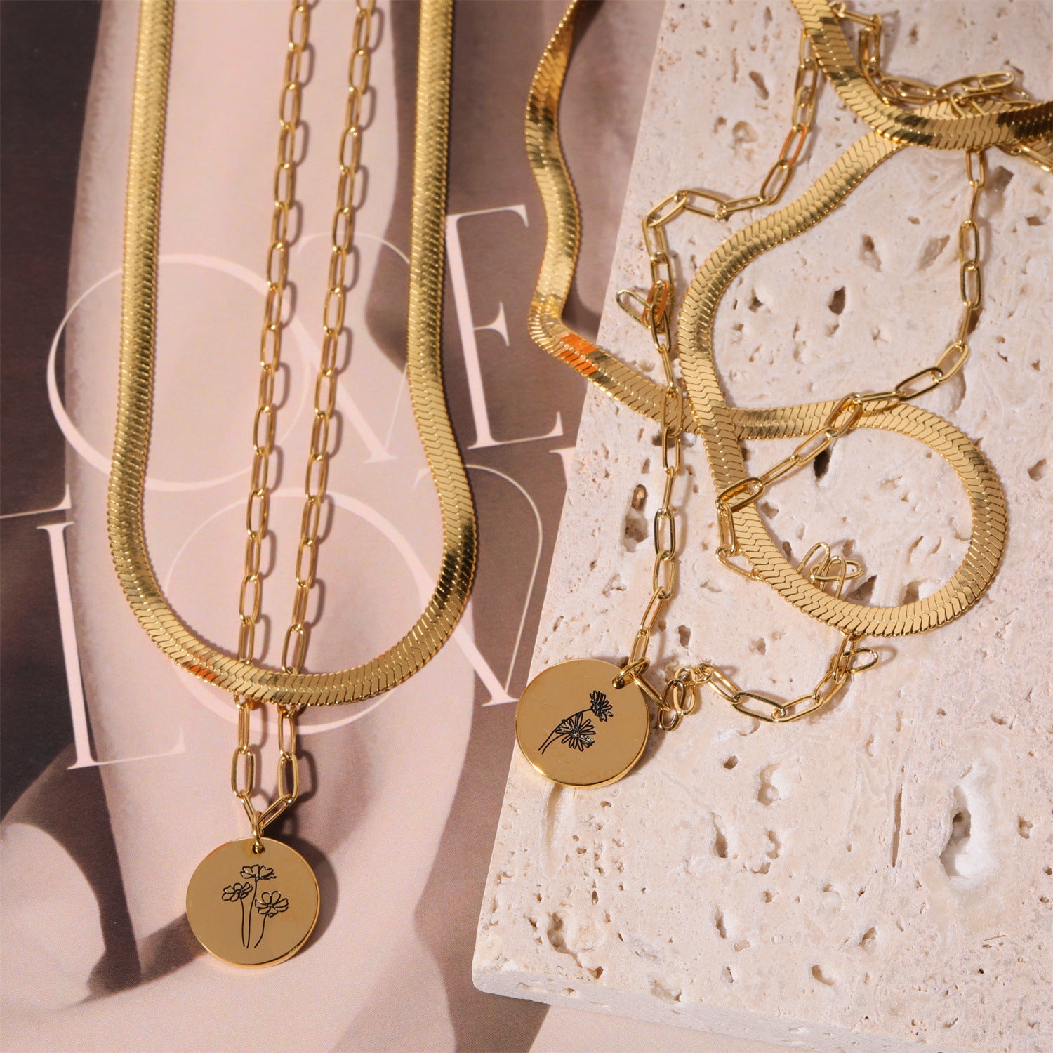 Wholesale Titanium steel 18K gold plated  double-layer December flower necklace