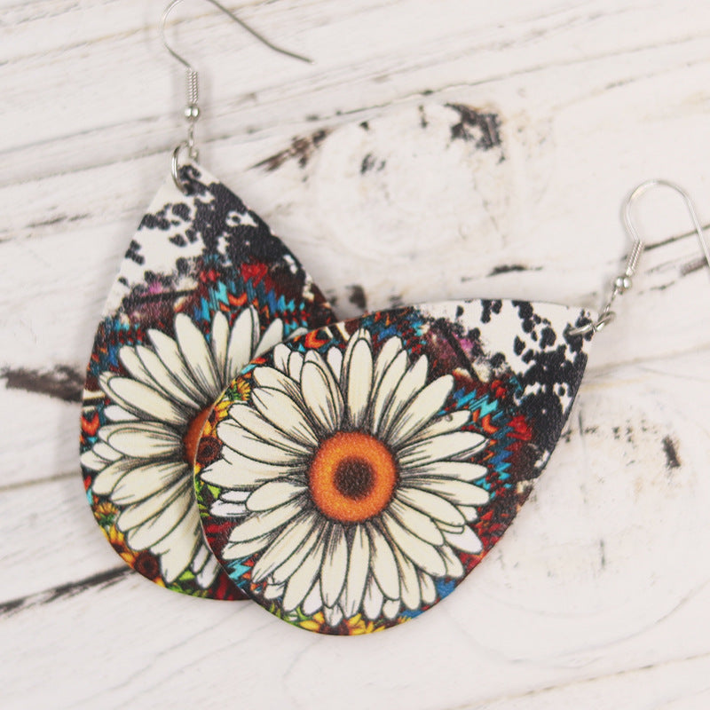 Wholesale  Cute Sunflower Leopard Print Leather Earrings