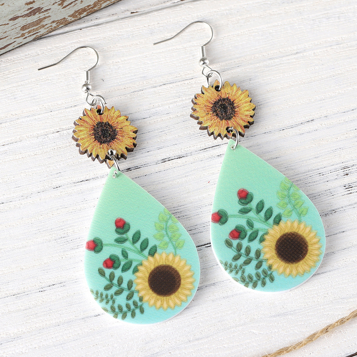 Wholesale  Western Style Sunflower Splicing Water Drop Pendant Earrings