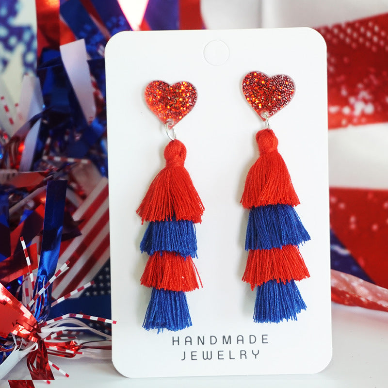 Wholesale 2 Pairs/pack American Independence Day Multi-layered Tassel Love Silk Earrings ACC-ES-HY041