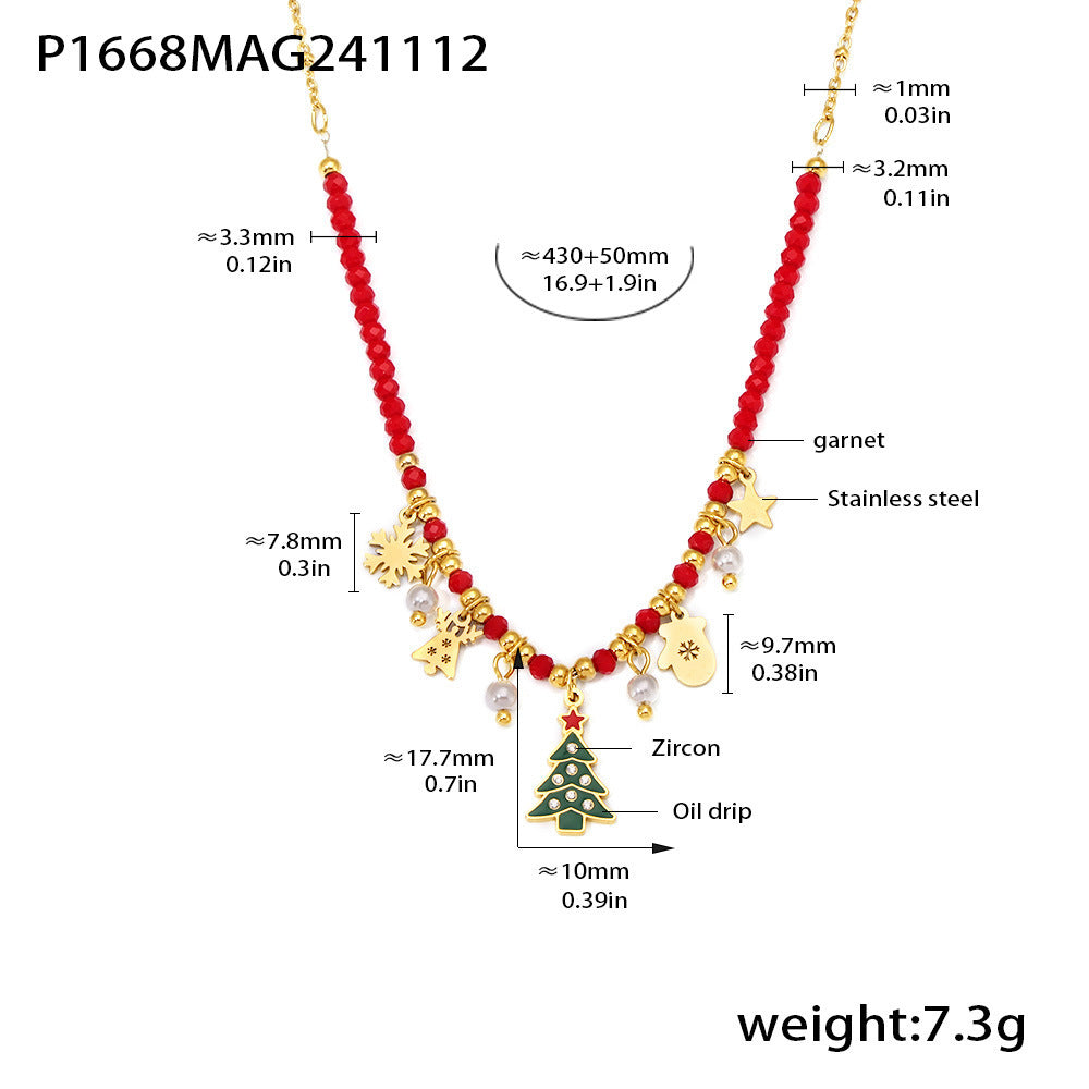 Wholesale Stainless steel 18K gold-plated Christmas enamel zircon necklace earring set