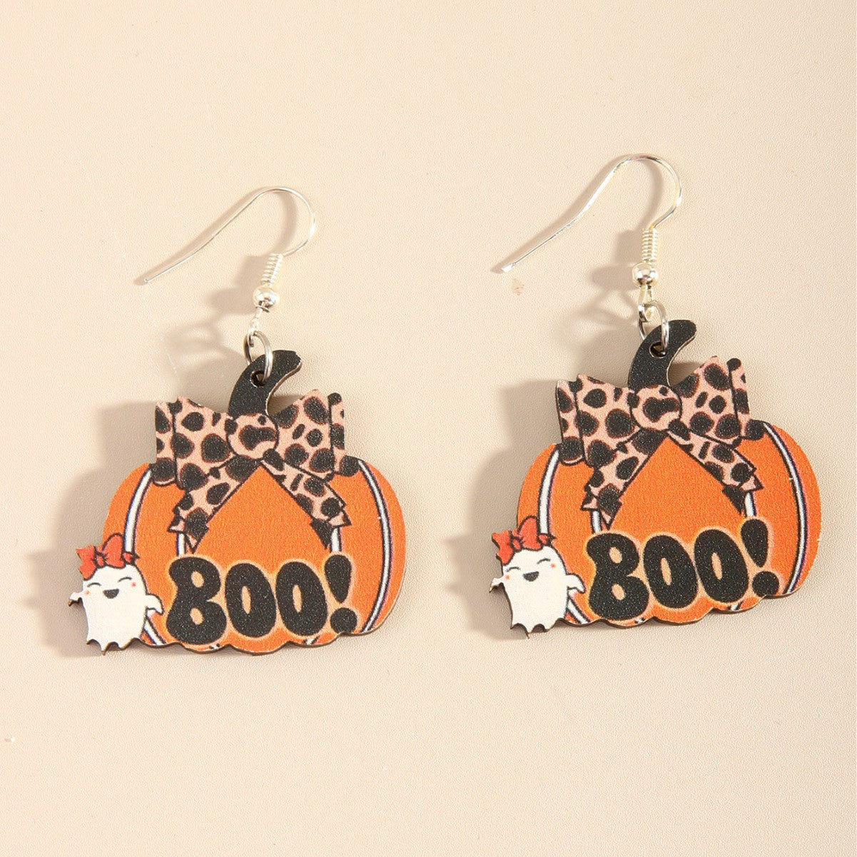 Wholesale  Halloween Pumpkin Small Ghost Bow Leopard Print Wooden Pendant Earrings