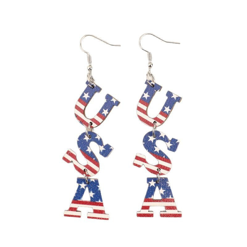 Wholesale Independence Day USA striped five-pointed star retro wooden earrings