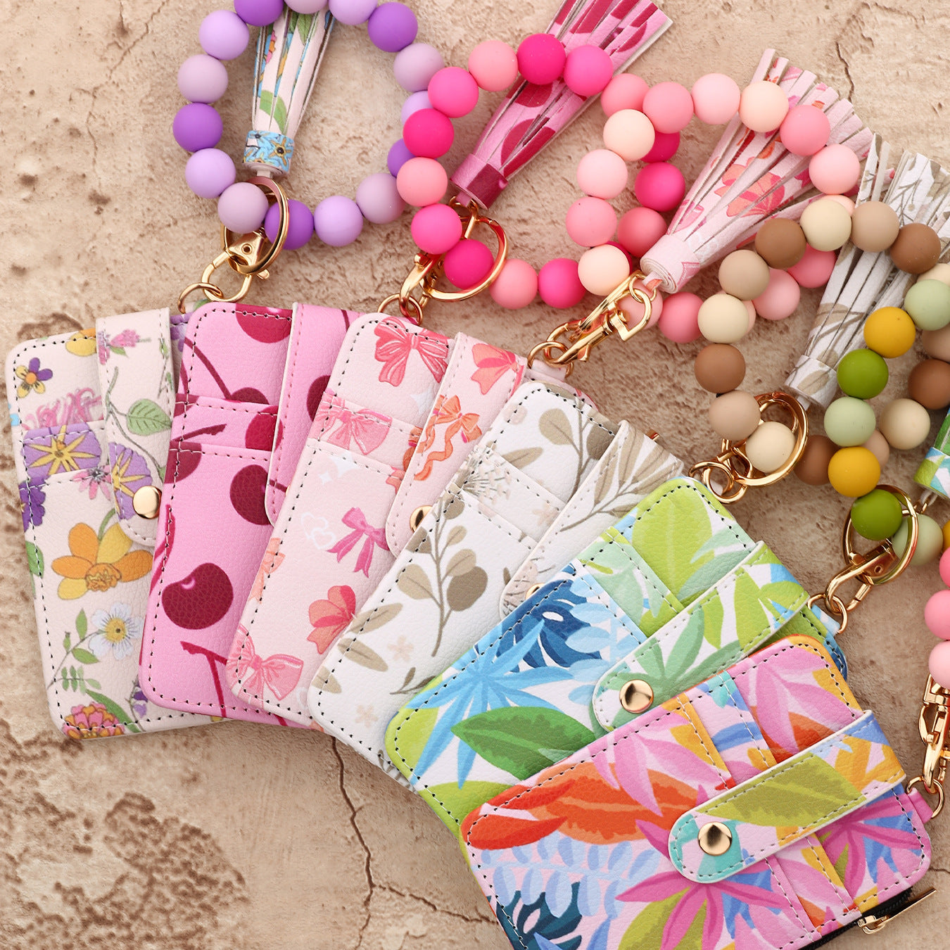 Wholesale PU leather and silicone bead bracelet coin purse and keychain