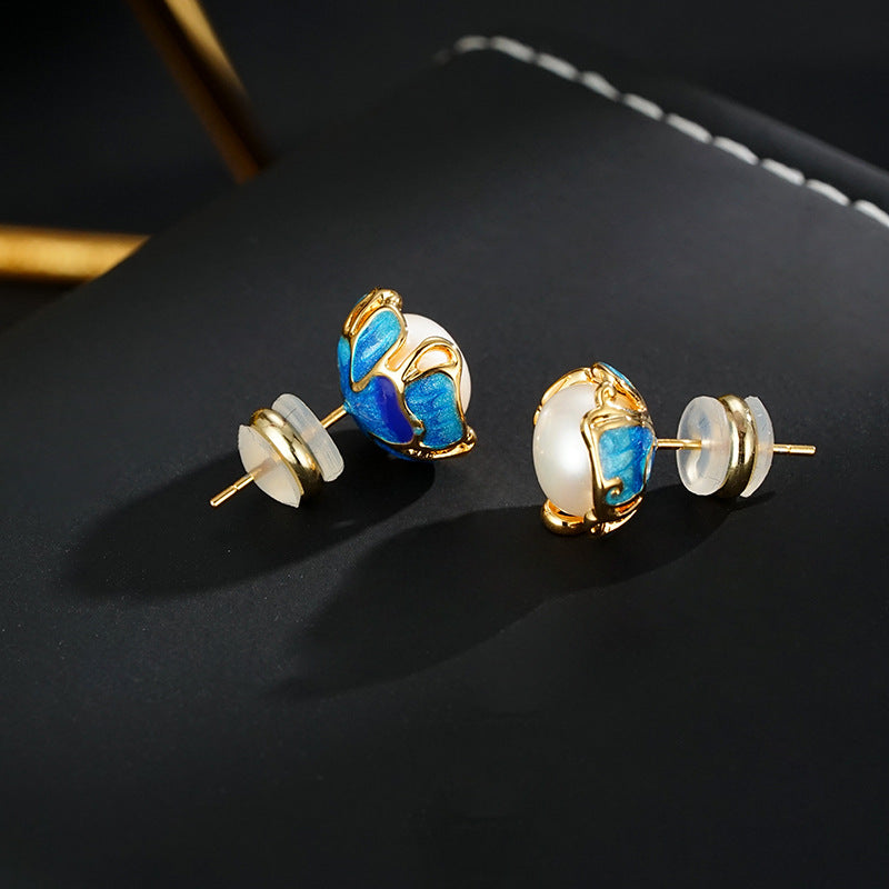 Wholesale pearl blue flower s925 silver needle earring