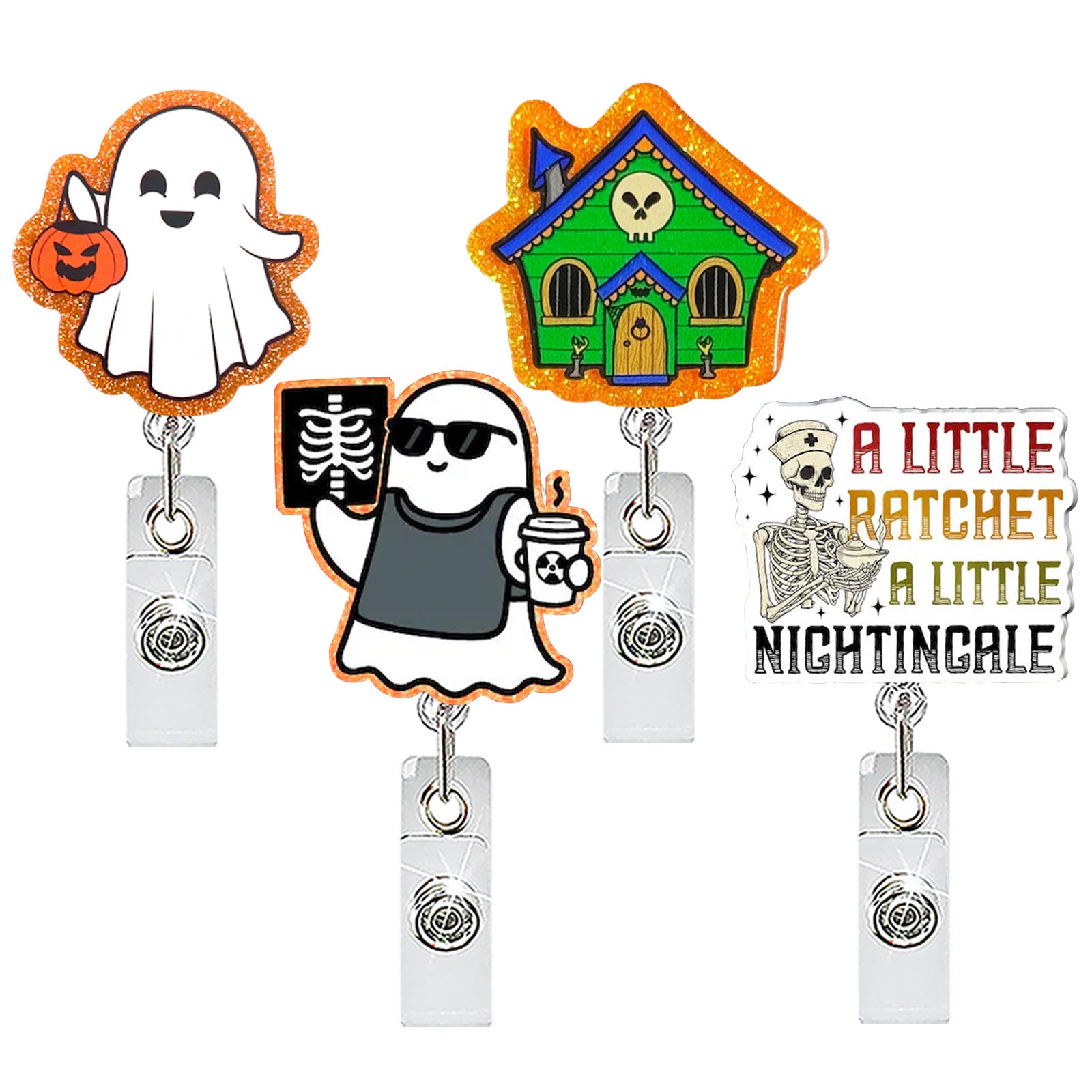 Wholesale  Pumpkin Ghost Skeleton Acrylic Retractable Badge Reel for Medical ID Card Keychain Accessory
