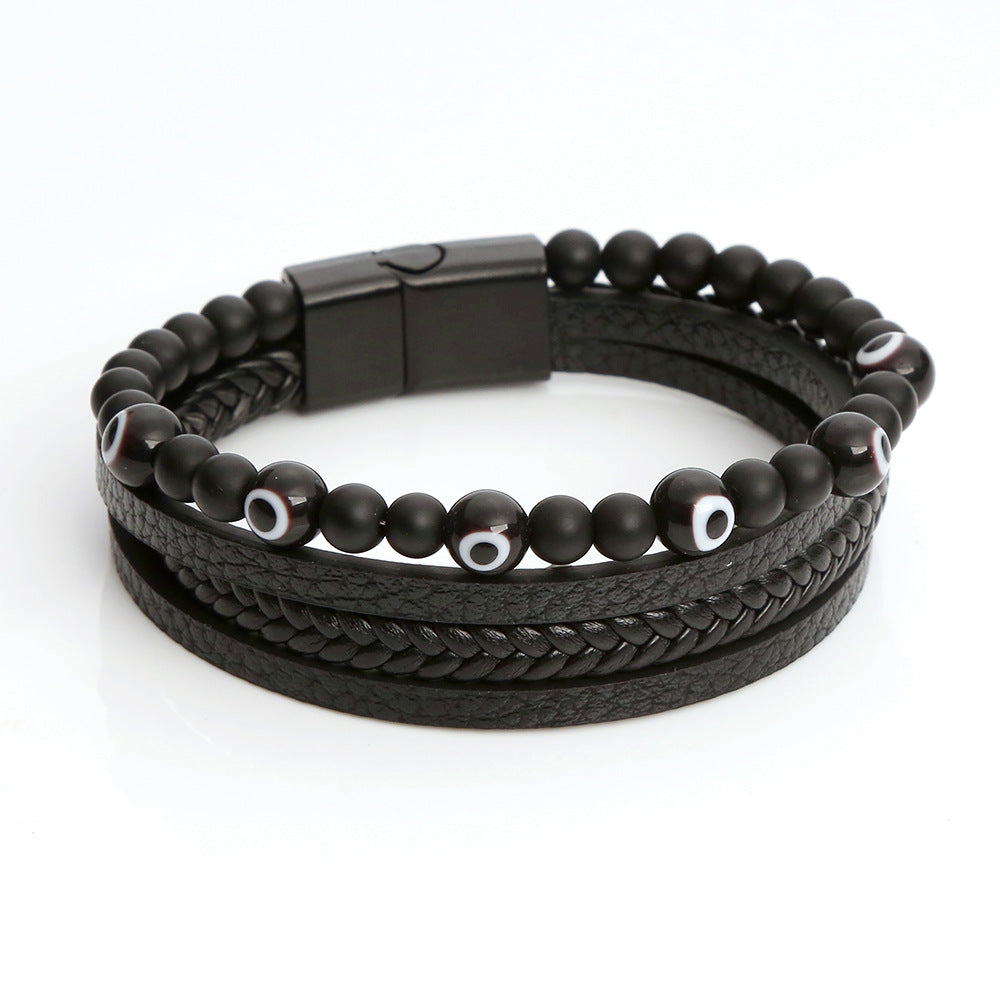 Wholesale glass bracelet for men vintage beaded leather multi-layer alloy buckle bracelet ACC-BT-Hongx003