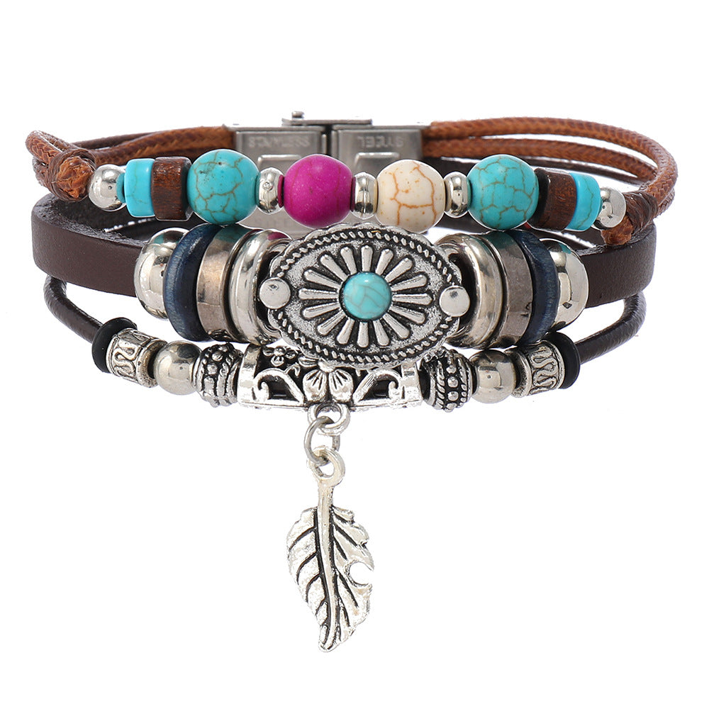 Wholesale Stainless steel leather leaf and turquoise bracelet