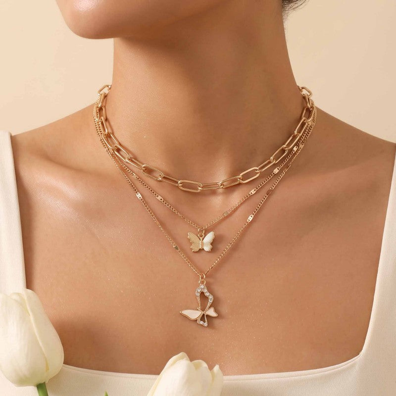 Wholesale Vintage Hollow Out Three Layer Butterfly Layering Necklace For Women Gold Alloy Fashion Accessory Gift