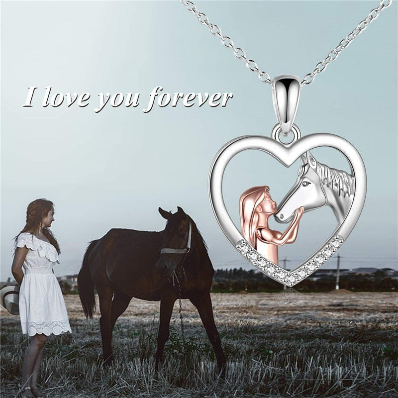 Wholesale  girl and horse color separation heart-shaped necklace
