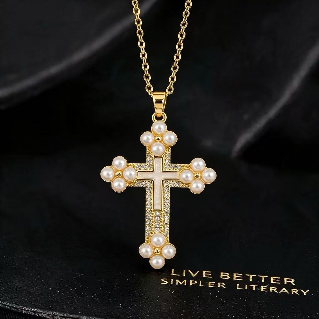 Wholesale Stylish Cross Pearl Necklace Gold Tone Copper Zircon Fashion Accessory For Women Boutique Resale Gift