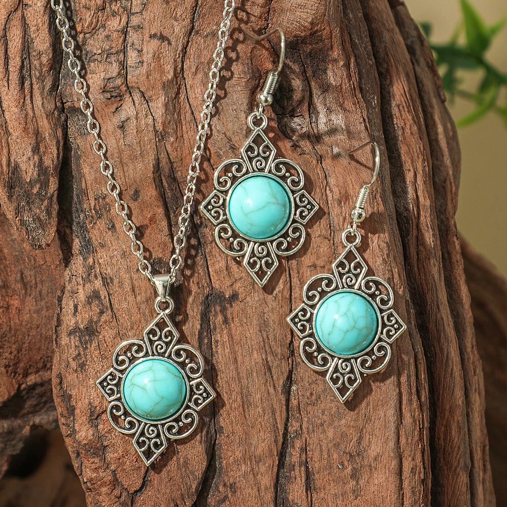 Wholesale Bohemian Turquoise Hollow Geometric Earrings and Necklace Set Fashion Accessory Gift