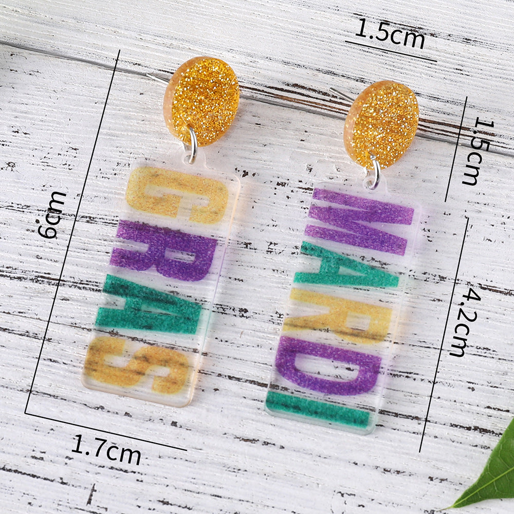 Wholesale Mardi Gras Letter Pendant Acrylic Earrings