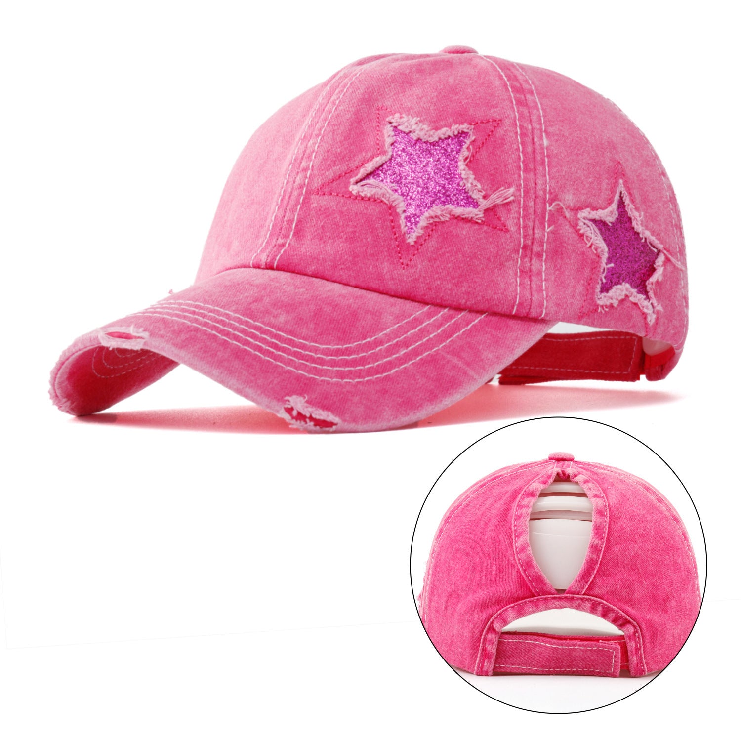 Wholesale Stylish Washed Cotton Baseball Cap Five Point Star Distressed Ponytail Hole Adjustable Curved Brim Black Hat For Casual Use And Resale