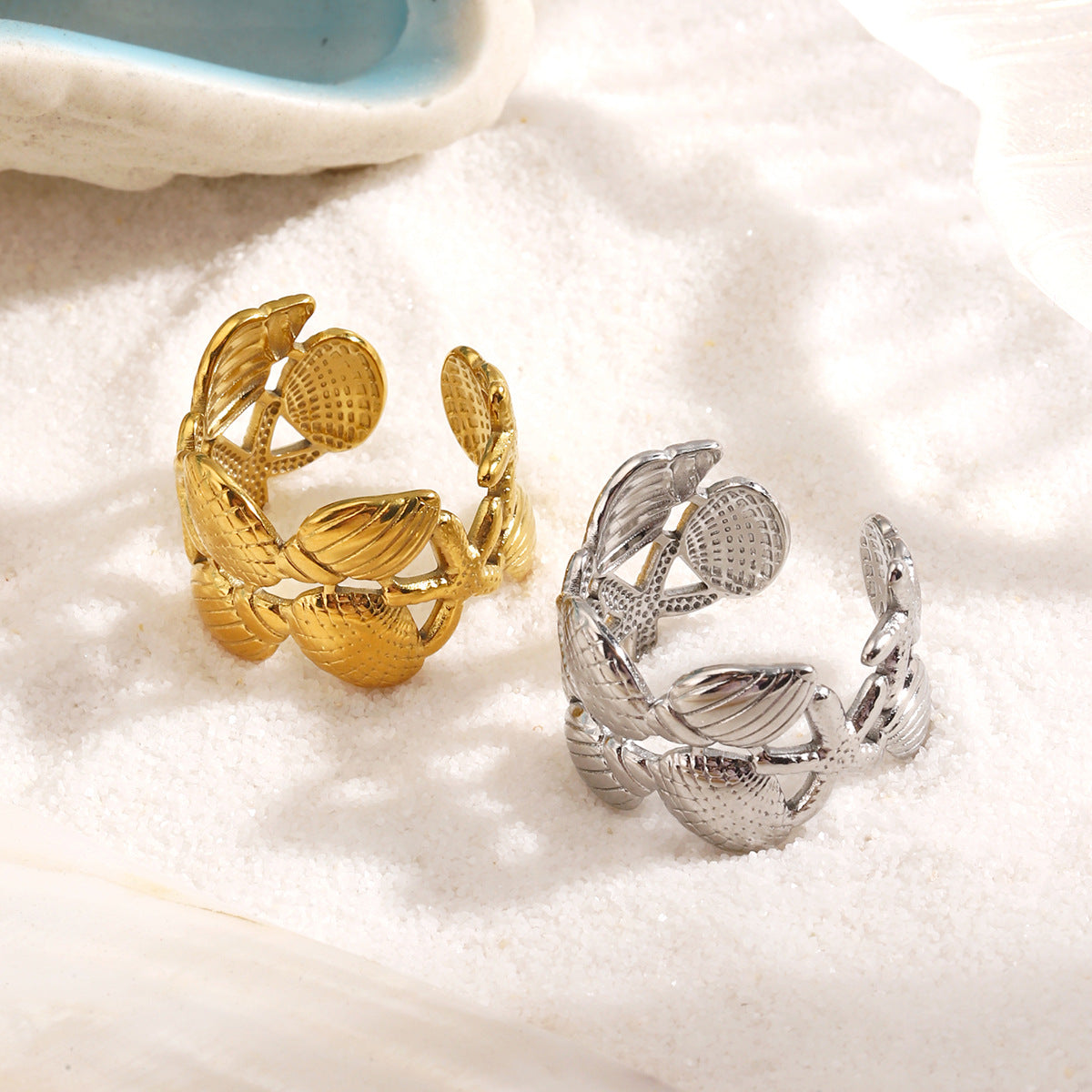 Wholesale Stainless Steel Ocean-Themed Starfish and Shell Rings,  Fashion Jewelry Accessory for Vacation Style