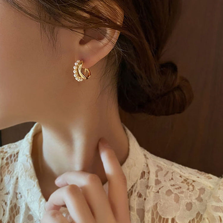 Wholesale Asymmetrical Double Layer Pearl Earrings Korean Style Boutique Resale Jewelry Accessory