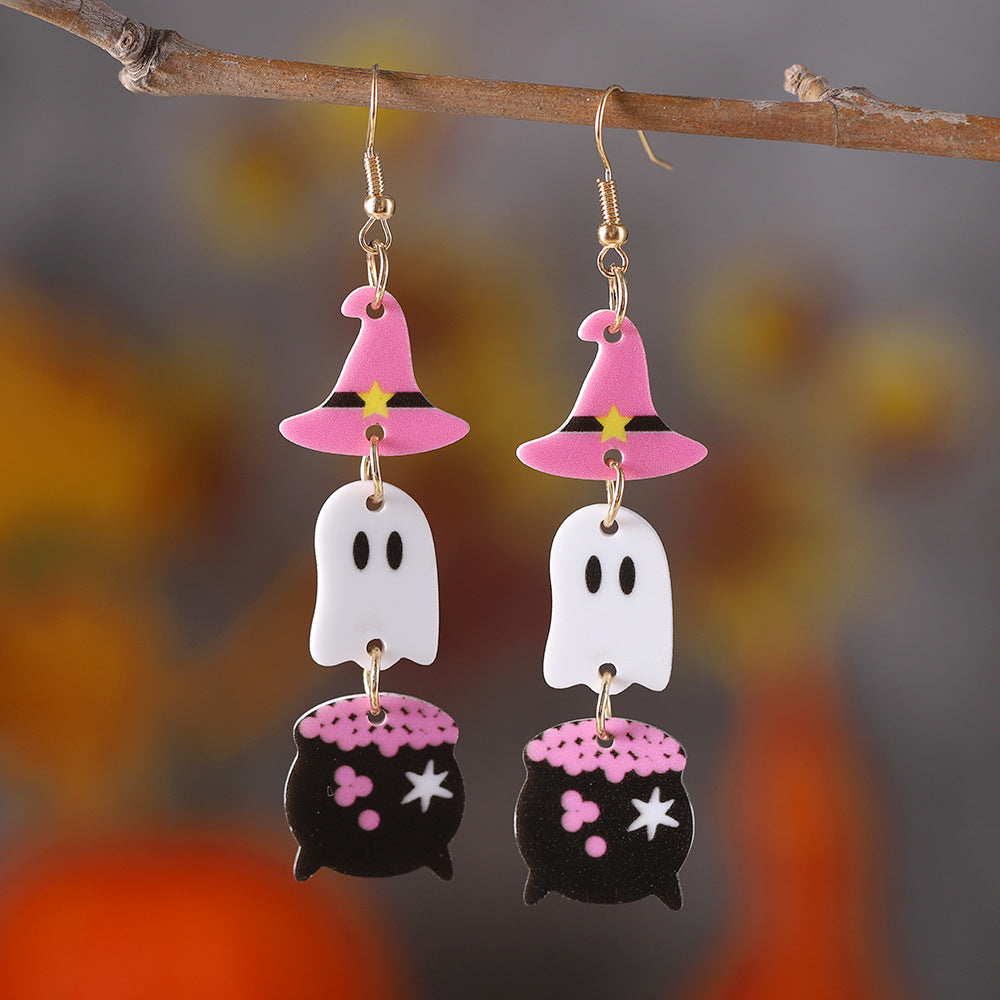 Wholesale Halloween Witch Hat Ghost Triple Pendant Acrylic Earrings ACC-ES-ChuLian069